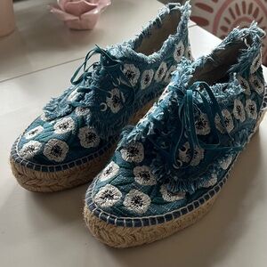 Loeffler Randall Teal and White Frayed Espadrilles